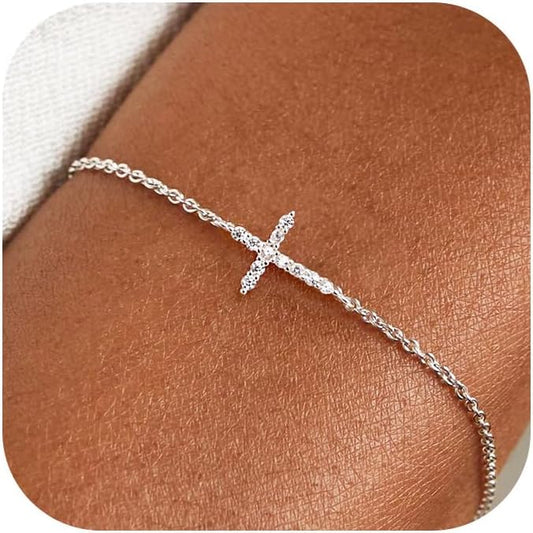 Moodear Christmas Gifts Sotcking Stuffers, Dainty 925 Sterling Silver/14k Gold Plated CZ Cross Bracelet Layered Snake Pearl Chain Knot Bracelets for Women Trendy Religious Christian Jewelry