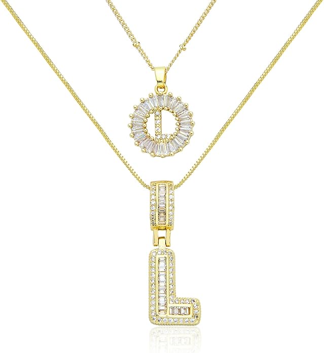 14K Gold Plated Initial Letter Pendant Necklace, Cubic Zirconia Crystal, Copper Chain
