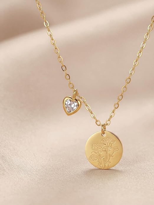 Birth Flower Necklace, 14K Gold Plated Floral Pendant Necklaces for Women, Simple Dainty Birth Month Flower Necklace, Birthday Jewelry for Women - 12 Month