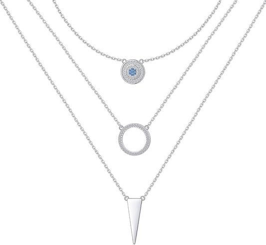 Layered Necklaces for Women S925 Sterling Silver Chokers Necklace for Women Circle/Heart/Double Circle/Cross/Star/Evil Eye Necklace Handmade Bead Necklaces Adjustable