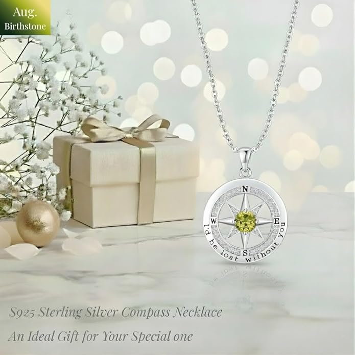 Compass Necklace for Women Wife Girlfriend Mom Daughter Gifts S925 Silver Jewelry For Anniversary Rose Gold Gifts For Birthday Christmas Mothers Valentines Day 12 Birthstones