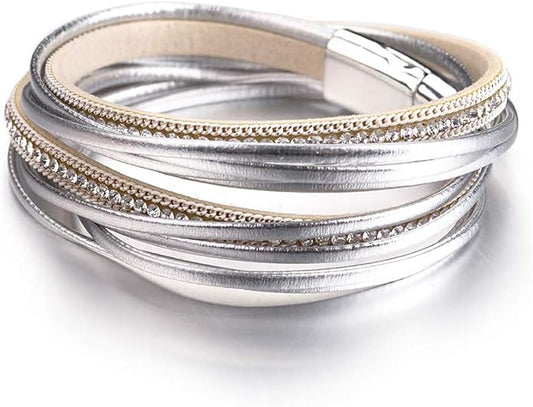 Fesciory Leather Wrap Bracelets for Women, Boho Leopard Multi-Layer Crystal Beads Cuff Bracelet Jewelry