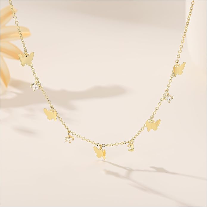 Yoosteel Dainty Gold-plated Clover Pearl Heart Butterfly Star flower Choker Necklace for Women - 14K Gold Plated Cubic Zirconia Pendant Station Necklaces for Women Teens Trendy Prom Jewelry Gifts