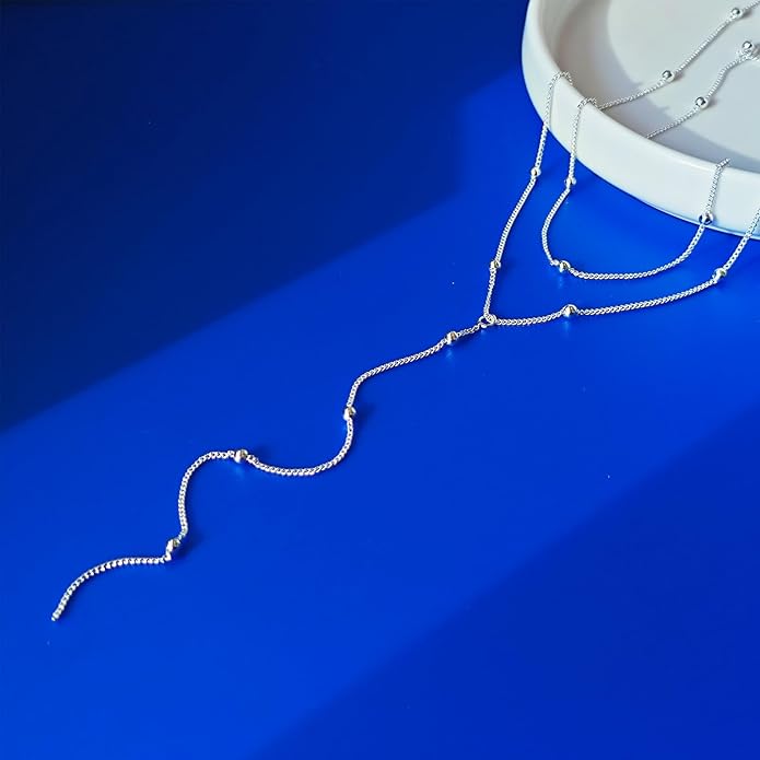 Gold Necklace for Women Trendy Lariat Y Necklace Dainty 14k Gold Plated/Silver Long Necklaces for Women Layered Beaded Drop Necklaces Simple Y-Shaped Chain Jewelry Gifts