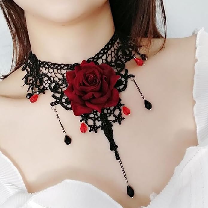 Black Lace Choker Necklace for Women Gothic Crystal Necklace Goth Collar Choker Necklaces Vintage Victorian Necklaces Halloween Costume Accessories