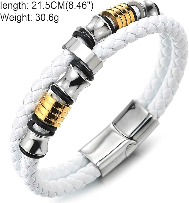 COOLSTEELANDBEYOND Mens Double-Row Braided Leather Bracelet Bangle Wristband with Stainless Steel Ornaments