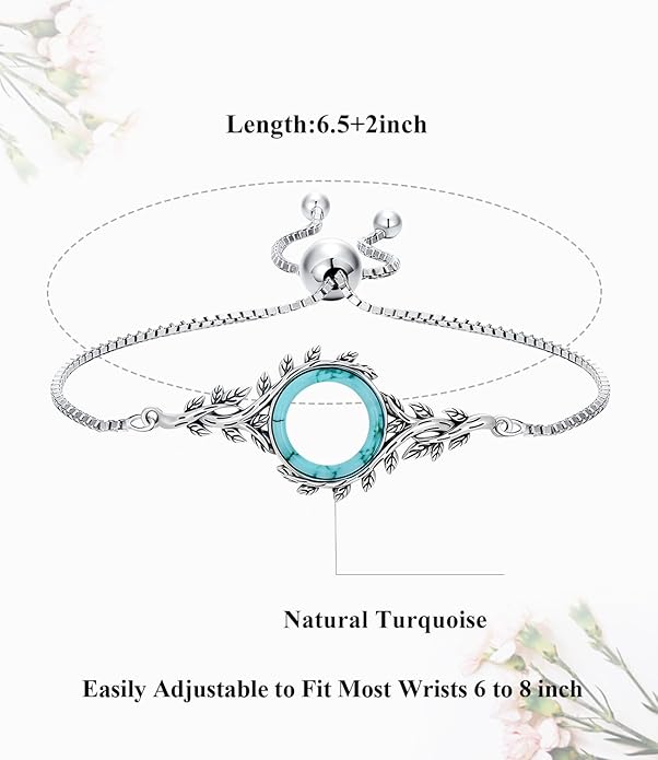 Genuine Circle Turquoise Bracelet for Women Adjustable 6 to 8 inch 925 Sterling Silver Leaf Jewelry with Natural Gemstone for Her Wife Mom