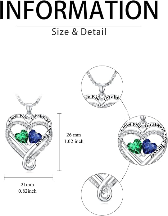 I Love You for Awlays and Forever Double Heart Necklace with Birthstone, 2 Birth Stone Jewelry Anniversary Valentines Mothers Day Christmas Birthday Gifts for Women Her Wife Girlfriend Mom Mother