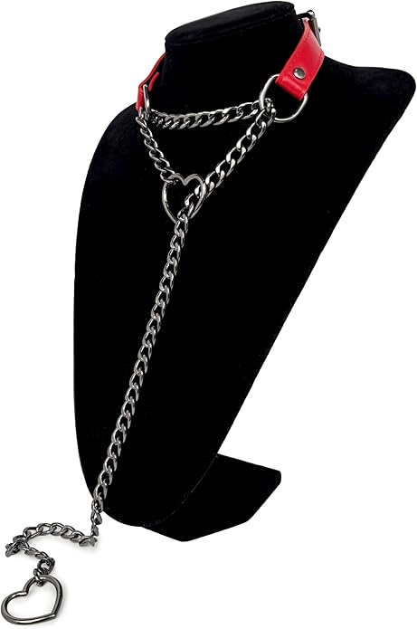 Black Leather Choker Collar For Women, Handmade Heart Slip Chain Choker Long Necklace with Adjustable Buckle