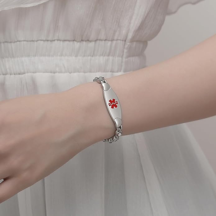 LinnaLove Fashion Shiny medical alert bracelet with Free Engraving Stainless steel Medical id bracelet for Women