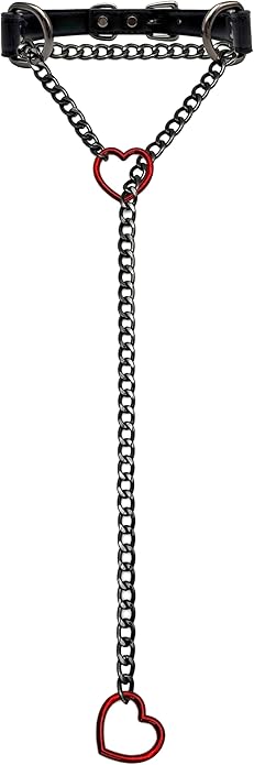 Black Leather Choker Collar For Women, Handmade Heart Slip Chain Choker Long Necklace with Adjustable Buckle