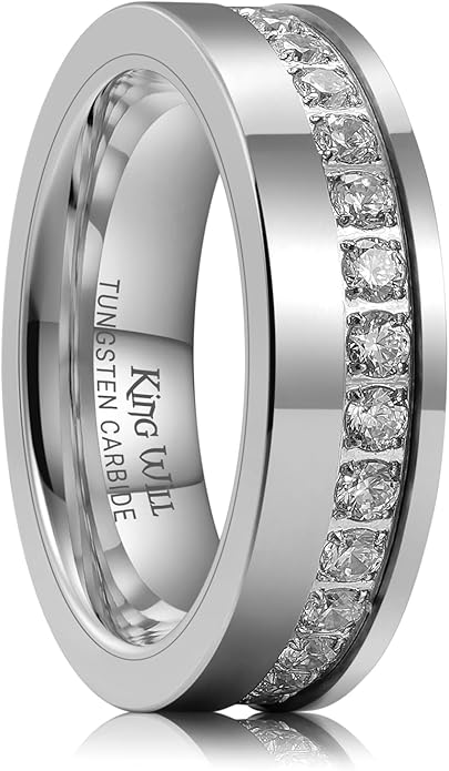 King Will Mens Tungsten Wedding Band with Cubic Zircon Inlay 7mm/8mm Flat Cut Comfort Fit Engagement Rings