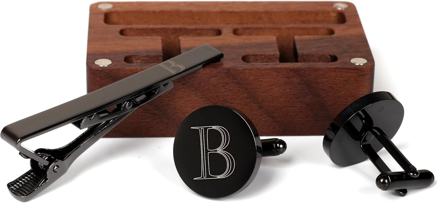 Mens Initial Cufflinks and Tie Clip A-Z Alphabet Letter Black Stainless Cuff Links Tie Bar with Engraved Walnut Wood Box Groom Groomsman Wedding Set