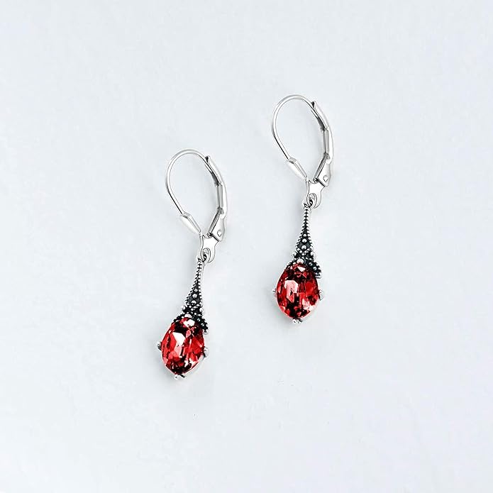 AOBOCO Vintage Earrings for Women Sterling Silver Retro Drop Dangle Leverback Earrings with 8x6mm Oval Genuine or Simulated Birthstone Crystal from Austria, Anniversary Jewelry Gifts for Her Women