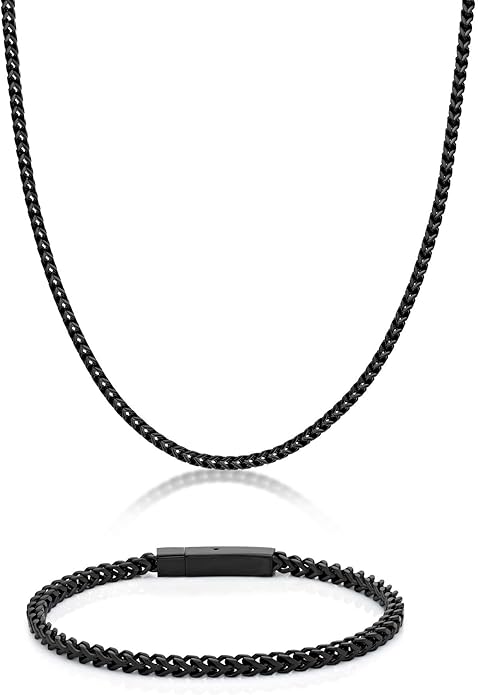 Metro Jewelry 22 to 24 Inches Long Thick Foxtail Chain Necklace and Bracelet Set for Men in Stainless Steel with Yellow Gold, Antique or Black Ion Plating 4 mm Wide Jewelry Set