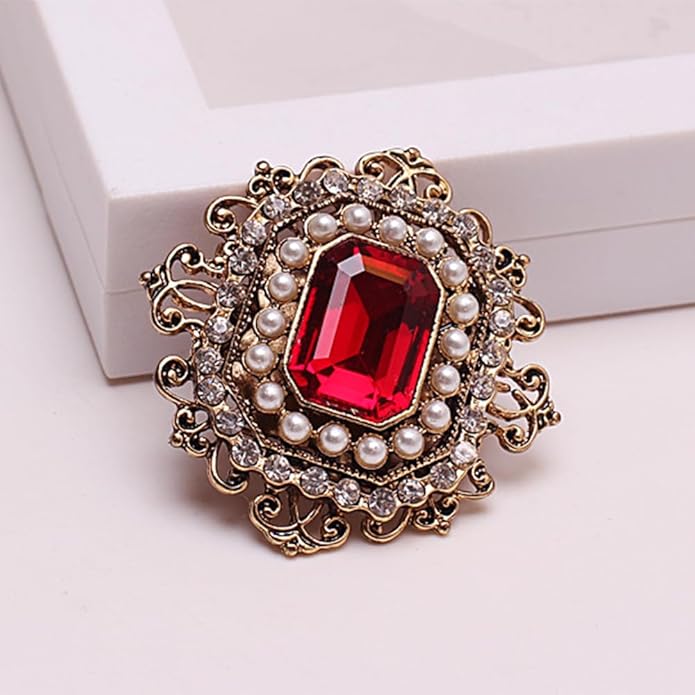 Antique Rhinestone Brooch Pin for Women Girls Gold Tone Vintage Baroque Rectangle Crystal Shell Pearl Boho Victorian Style Brooches Lapel Pins Elegant Wedding Christmas Festival Ornament Jewelry Gift