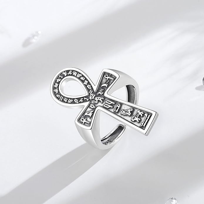 EUDORA S925 Sterling Silver St Benedict Ring San Benito Rings for Women Men, Vintage Ankh Cross Ring Saint Benedict Amulet Adjustable Rings Gifts for Women Mens Father Mother
