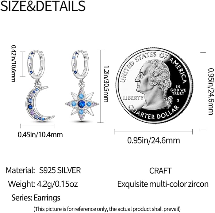 925 Sterling Silver Women Earrings, Sparkling Star and Moon Earrings, Various Hypoallergenic Earrings, Best Gift for Women