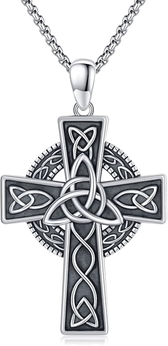 Midir&Etain Celtic Cross Necklace 925 Sterling Silver Cross Pendant Necklace Celtic Viking Irish Jewelry Religious Protective Gift for Men Women