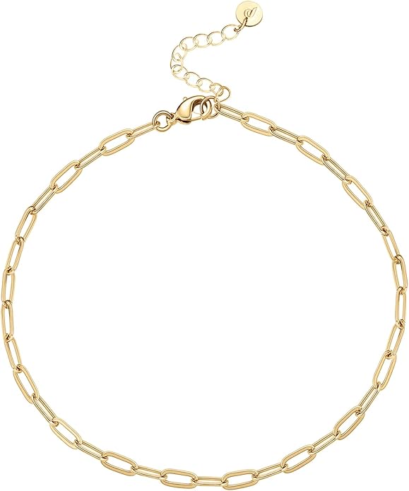 PAVOI 14K-18K Gold Plated Charm Link Flat Gold Anklets for Women | Beaded Marina Link Mariner Paperclip Snake Chain Jewelry Anklets