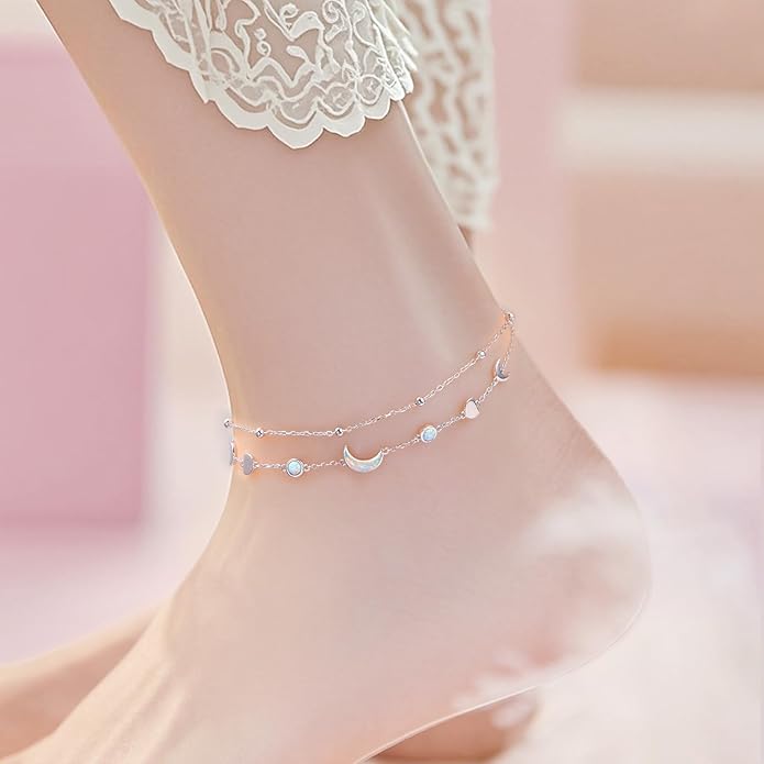 FLYOW Anklet for Women S925 Sterling Silver Adjustable Foot Beaded Heart Charm Ankle Bracelet Anklets Jewelry