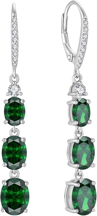 Women 925 Sterling Silver Birthstone 3-stone Leverback Drop Dangle Earrings 5A Cubic Zirconia Jewelry for Her