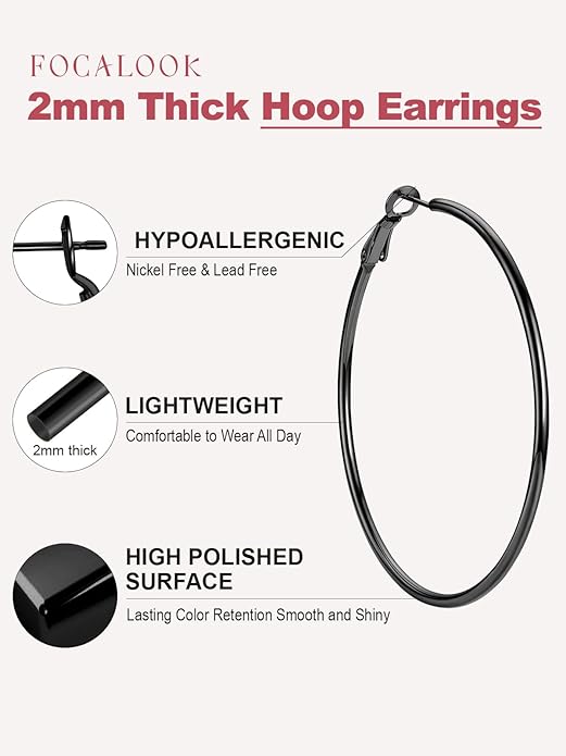 FOCALOOK 14K Gold Plated Lightweight Large Hoops| 2mm Thin Hoop Earrings for Women 30/40/50/70/100mm