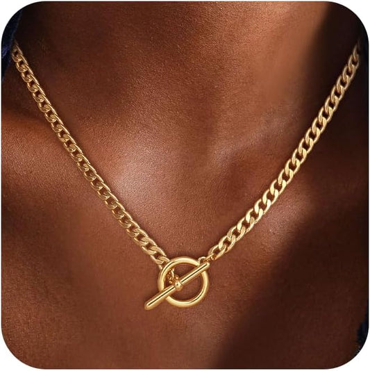 Gold Plated Necklaces for Women - Dainty Layered 14K Gold Plated Stack Paperclip Rope Cuban Toggle Link Chain Choker Necklace Set Chunky Trendy Jewelry Gift
