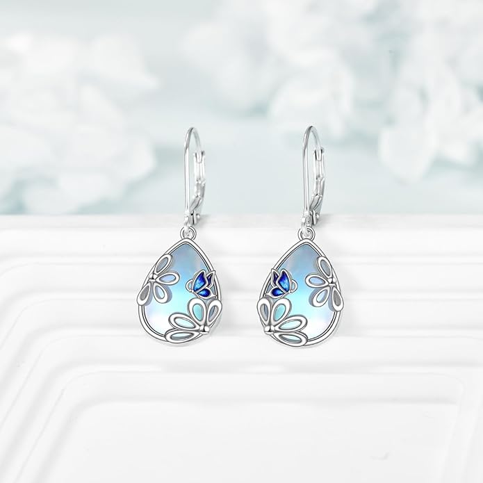 AOBOCO Butterfly/Dragonfly/Bee/Ladybug Leverback Earrings 925 Sterling Silver Rose Lotus Tulip Flower Filigree Dangle Earrings Teardrop Moonstone Larimar Turquoise Abalone Shell Jewelry Birthday Gifts for Women