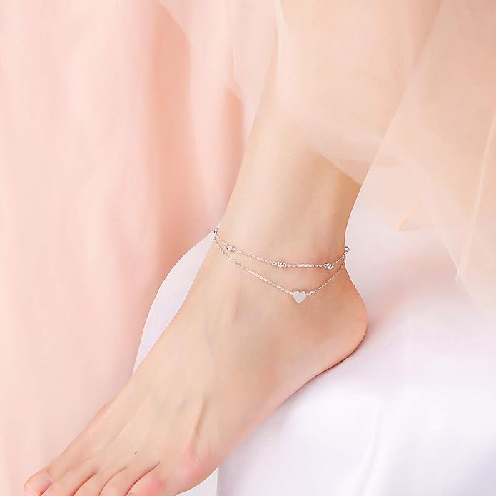 FLYOW Anklet for Women S925 Sterling Silver Adjustable Foot Beaded Heart Charm Ankle Bracelet Anklets Jewelry