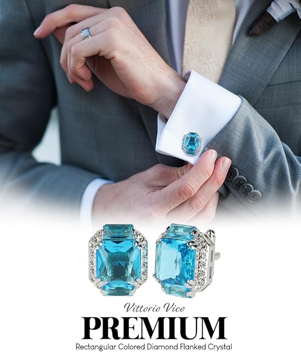 Rectangular Colored Diamond-Flanked Crystal Cuff Links – Tuxedo Suit Accessories, Cufflinks for Men