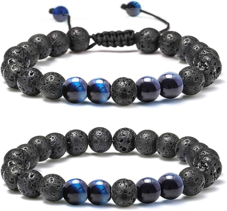 M MOOHAM Natural Stone Bracelets for Men - 8mm Tiger Eye, Matte Agate, Lava Rock - Teen Boys Gifts for Birthday, Anniversary, Christmas