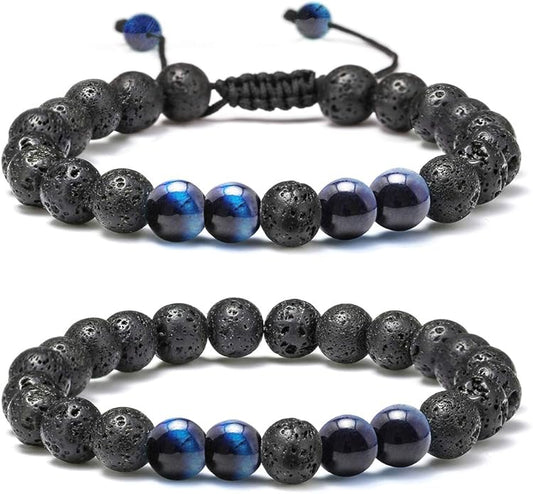 M MOOHAM Natural Stone Bracelets for Men - 8mm Tiger Eye, Matte Agate, Lava Rock - Teen Boys Gifts for Birthday, Anniversary, Christmas