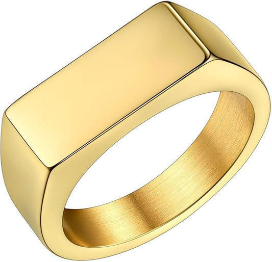 Bestyle Stainless Steel Signet Ring for Men Women in Gold/Black/Silver/Vintage Gray Tone, Chunky Thick Heavy Dome Band Ring Cool Finger Ring, Gift for Dad Husband, Size 7-14 Customizable