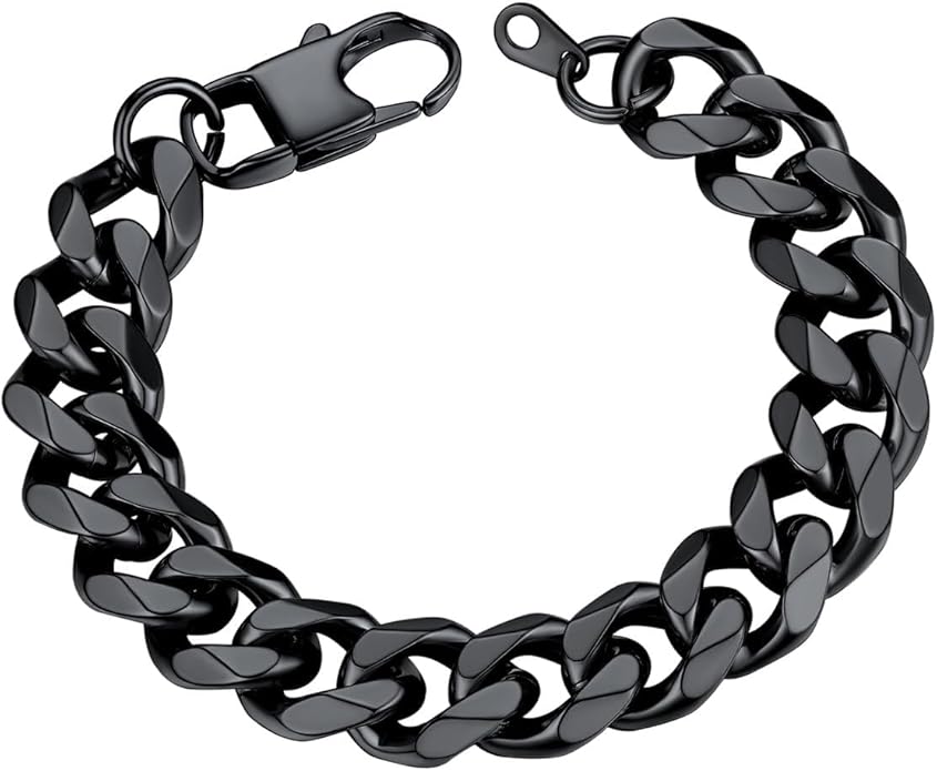 U7 Link Bracelets for Men, Cuban Link/Rope/Watch Band Solid Bracelet, Silver Black Gold Color Wrist Bracelet 3/6/9/12/15mm Width, 6.5/7.5/8.3 Inch Length, Hand Chain Jewelry for Mens Women