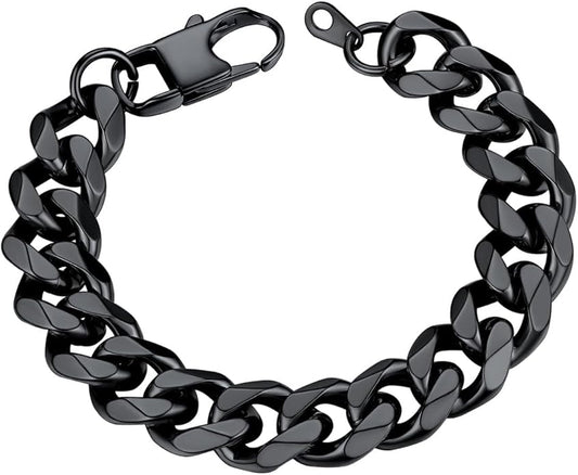 U7 Link Bracelets for Men, Cuban Link/Rope/Watch Band Solid Bracelet, Silver Black Gold Color Wrist Bracelet 3/6/9/12/15mm Width, 6.5/7.5/8.3 Inch Length, Hand Chain Jewelry for Mens Women