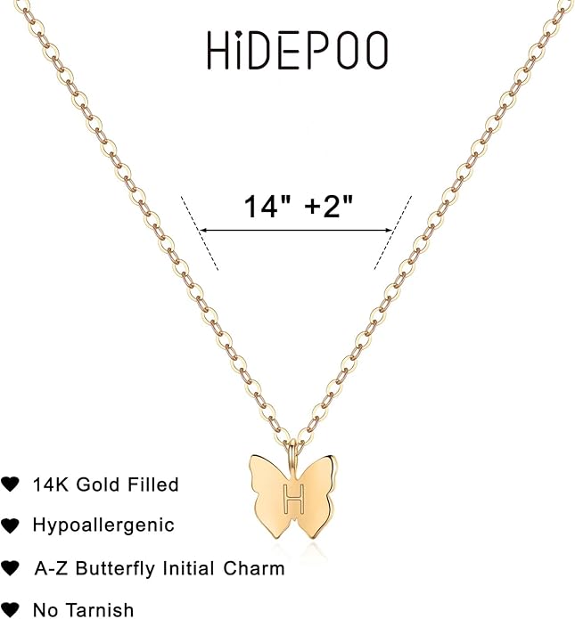 Hidepoo Initial Butterfly Necklace for Girls Gifts, 14K Gold/Silver/Rose Gold Filled Dainty Butterfly Pendant Choker Necklace Initial Butterfly Necklace Birthday Gifts for Girls