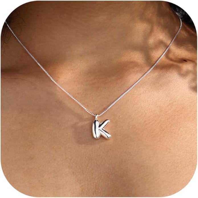 Bubble Gold Silver Letter Necklace Initial Necklaces for Women Trendy 14K Dainty Charm Pendant Name Necklace Personalized Jewelry Gift for Women Teen
