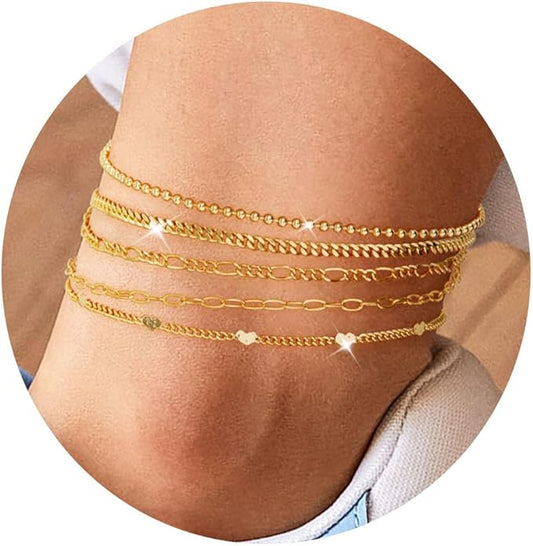Sterling Silver Anklet Bracelets for Women Waterproof, 925 Sliver Plated CZ & Heart Charm Dainty Layer Anklets for Women Trendy, Simple Chain Anklets Set Gifts for Women, Jewelry Gifts for Her Women Mom Wife Girlfriend