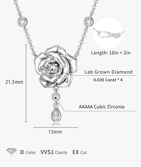 1/14 Carat Diamond Rose Necklace for Women 925 Sterling Silver Rose Flower Pendant Necklaces 18K Gold Plated Fine Jewelry