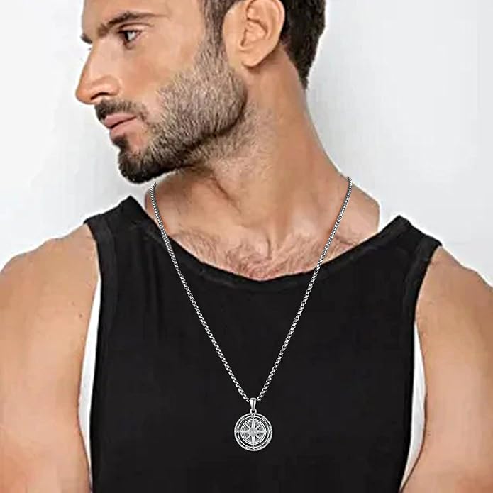KINGWHYTE Compass Necklace for Men 925 Sterling Silver Birthday Gifts Graduation Travel Jewelry for Husband Brother with Stainless Steel Chain