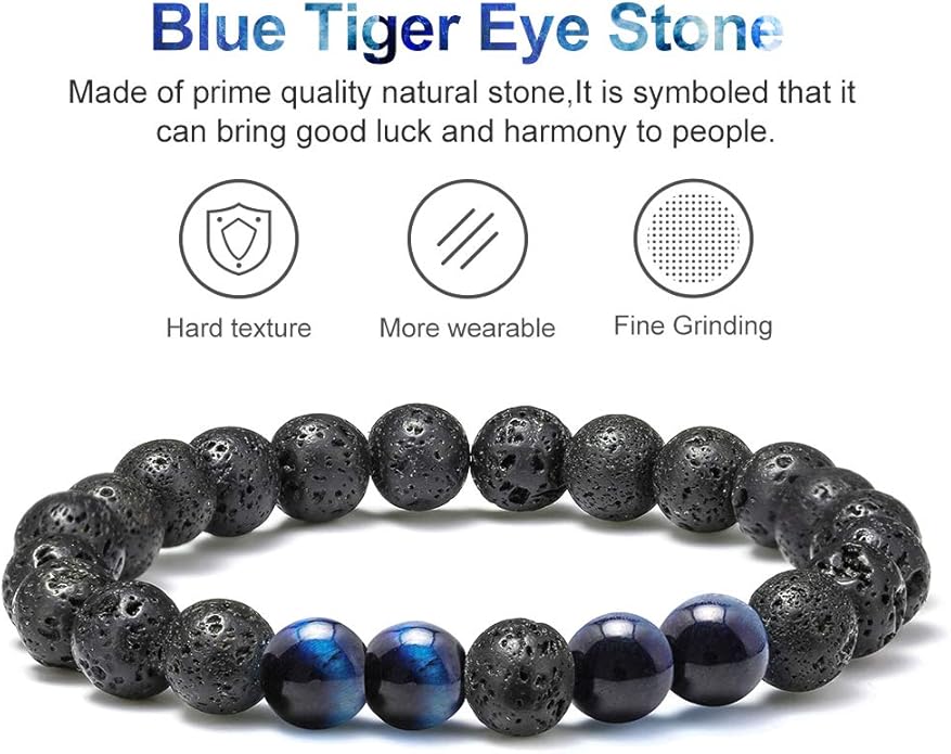 M MOOHAM Natural Stone Bracelets for Men - 8mm Tiger Eye, Matte Agate, Lava Rock - Teen Boys Gifts for Birthday, Anniversary, Christmas