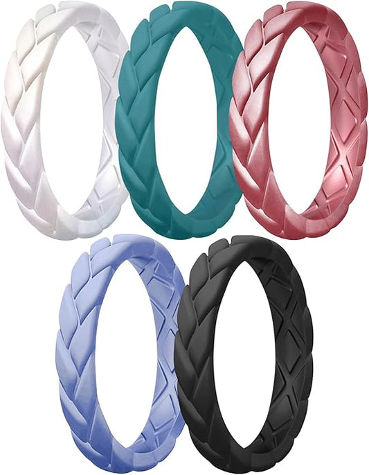 Egnaro Women's Silicone Stackable Rings 3.5mm Wide 2mm Thick, Rubber Flexible Hypoallergenic Wedding Bands For Workout Leaf Braided Fashion