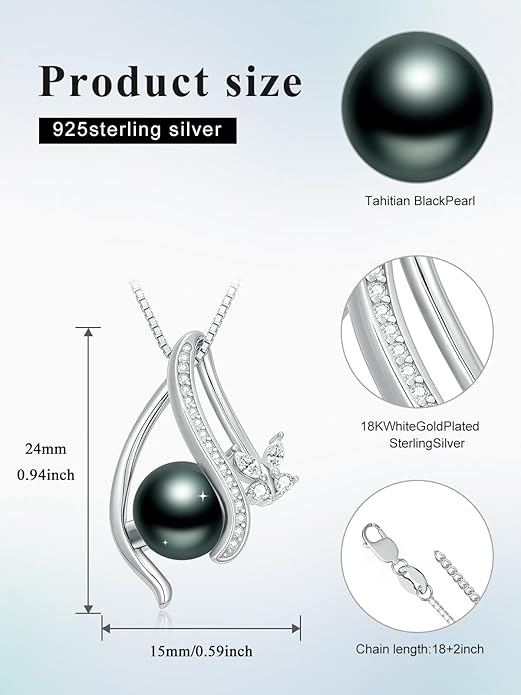 KANNSOAR Tahitian Black Pearl 18K White Gold Plated Sterling Silver Heart/Infinity/Four Leaf Clover Pendant Necklace Jewelry Gifts for Women Wife Mom Girlfriend Wedding Birthday Anniversary Christmas