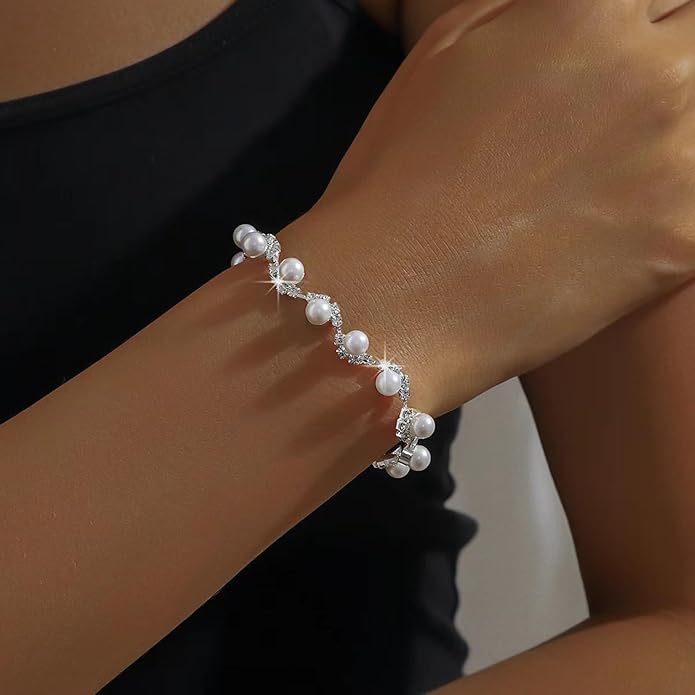 la luen Pearl Bride Wedding Jewelry Set Faux Pearls Crystal Rhinestone Necklace Earrings Bracelet Sets for Women Bridesmaid(3 PCS)