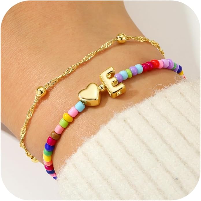 Ursteel Colorful Initial Heart Bracelets for Women - 14K Gold Plated Beaded Letter A-Z Bracelet, Layered Stretch Initial Bracelets, Women Trendy Bohemian Jewelry Birthday Gifts