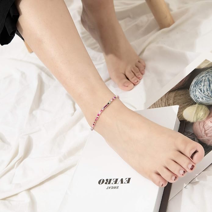 XIJIN 8Pcs Handmade Beaded Anklets for Women Boho Colorful Beads Ankle Bracelets Adjustable Foot Anklet Set