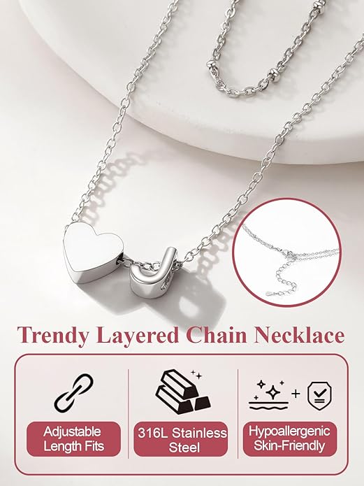 FOCALOOK Layered Initial Necklace for Women, 14K Gold Plated Choker Necklaces Stacks with Initial A-Z, Dainty Silver Heart Pendant Necklace Personalized Birthday Women Jewelry