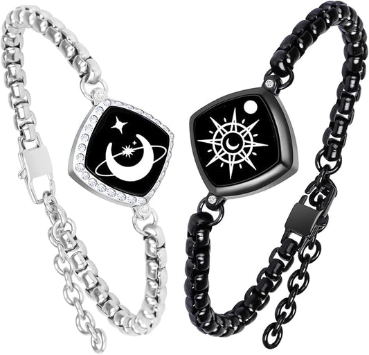 PULOMI Long Distance Touch Bracelets, Vibration & Light up Remote Smart Matching Couples Bracelet for Couple Long Distance Relationship Girlfriend Boyfriend Festival Gifts Lover Jewelry Set