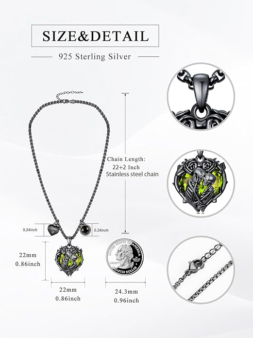 Flpruy 925 Sterling Silver Black Gothic Jewelry Gifts Skeleton Couple Pendant Crystal Birthstone Heart Necklace Punk Romantic Jewelry for Lover Men Women